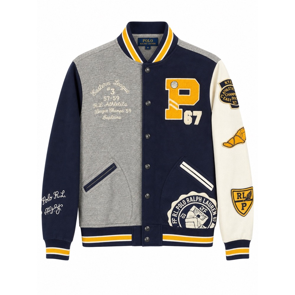 Polo Ralph Lauren Mens M Fleece Varsity Jacket Navy Grey P67 Patch Letterman RL